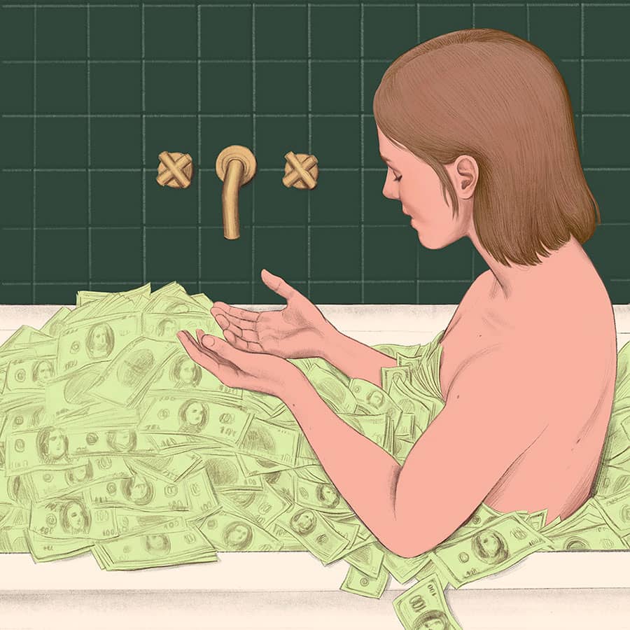 sitting in bath tub full of money