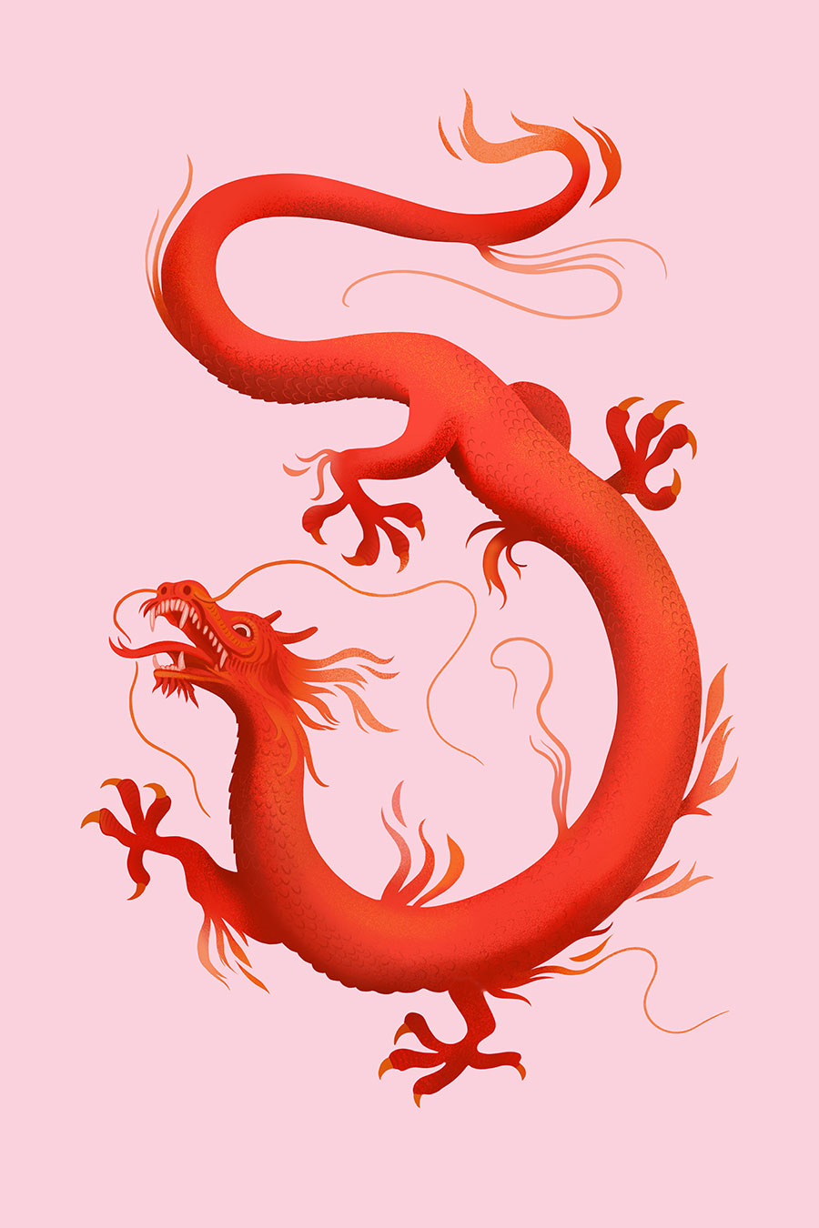 Chinese dragon, red on pink