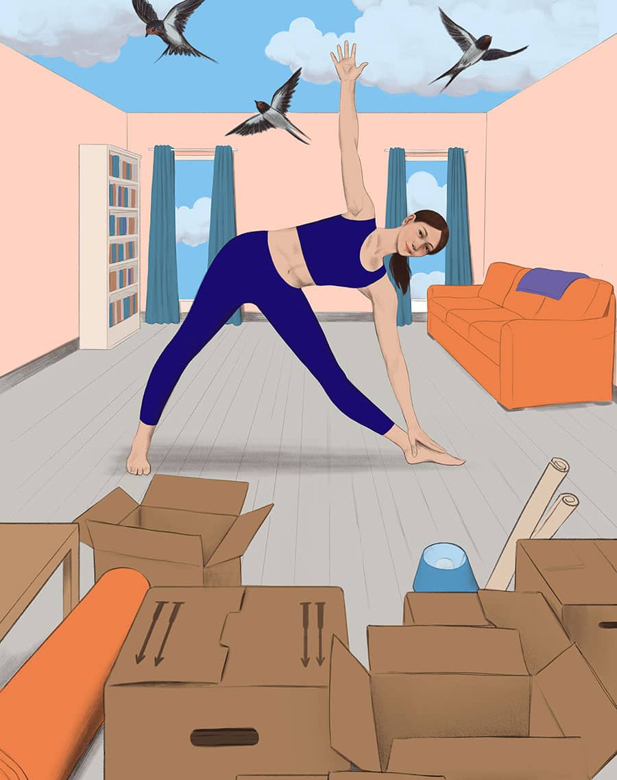Illustration of woman doing yoga in her attic