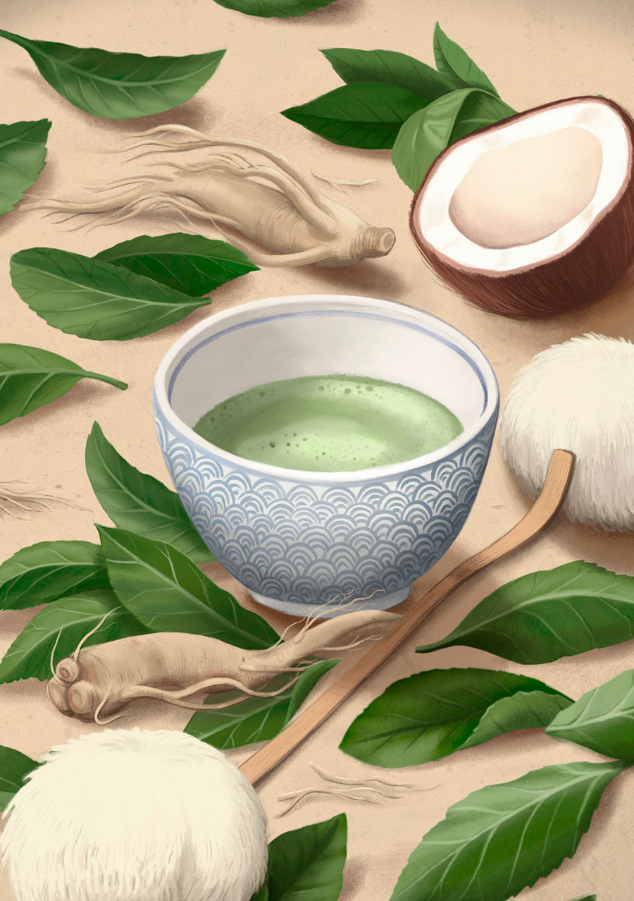 illustration, packaging, naturale bio, organic food, supplements, product packaging, soft pack, silja goetz, siljagötz, blend, balance, coco, matcha tea, ginseng, mushroom