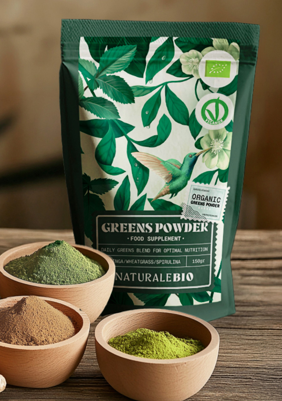 illustration, packaging, naturale bio, organic food, supplements, product packaging, soft pack, silja goetz, siljagötz, blend, green powder, matcha, tea, colibri, humming bird