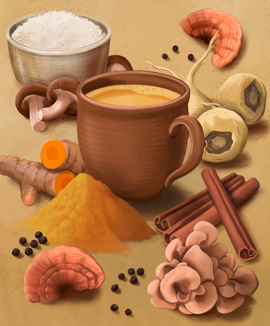 illustration, packaging, naturale bio, organic food, supplements, product packaging, soft pack, silja goetz, siljagötz, blend, morning routine, cinnamon, cardamom, rice, mushrooms, ginger
