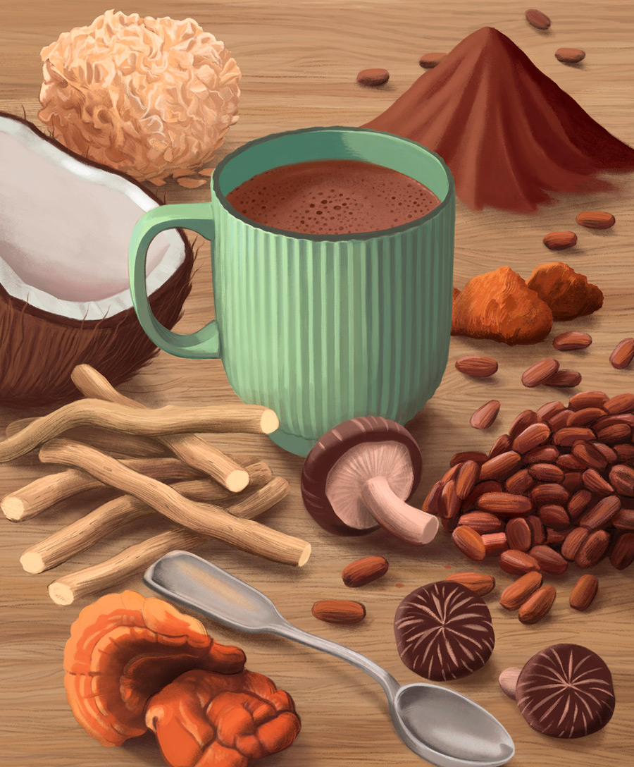 illustration, packaging, naturale bio, organic food, supplements, product packaging, soft pack, silja goetz, siljagötz, blend, stress less, cup, cocoa, coco, mushrooms