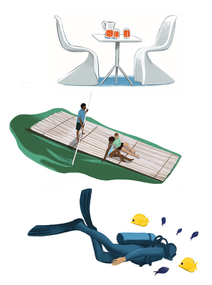 Silja Götz, Silja Goetz, Magazine illustration, advertorial, publireportaje, Sandals ressorts, Caribe, The New Yorker